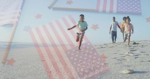 Family Running on Beach with American Flag in Overlay