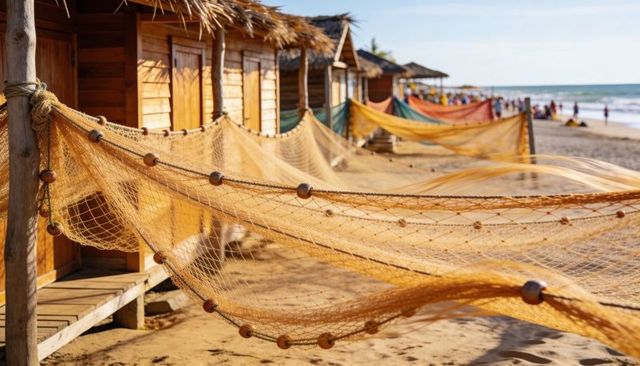 Sunlit ochre fishing nets stretching along sandy beach toward rustic wooden cabins