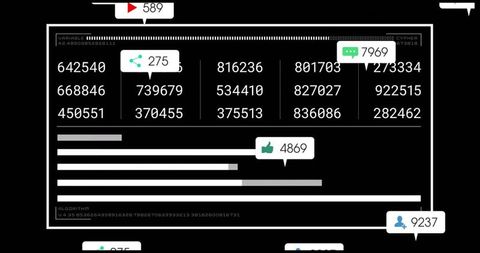 Minimalist dark dashboard displaying six-digit metrics, progress bars and social badge counters