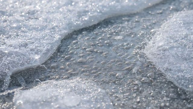 Slushy pool revealing trapped air bubbles under fractured sheet ice on frozen pond