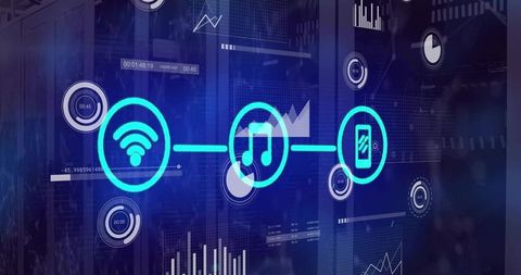 Neon network chain connecting wi-fi, music streaming and mobile in futuristic data center hud