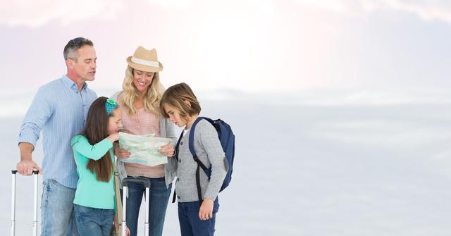 Family of four planning a trip with a map. Parents and children are smiling, holding luggage, and ready for a journey. The image can be used for travel promotions, family vacation packages, holiday planning resources, or advertisements related to family-friendly travel.
