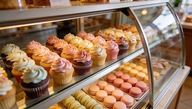 Pastel cupcakes and macarons in curved glass bakery display case on wooden counter