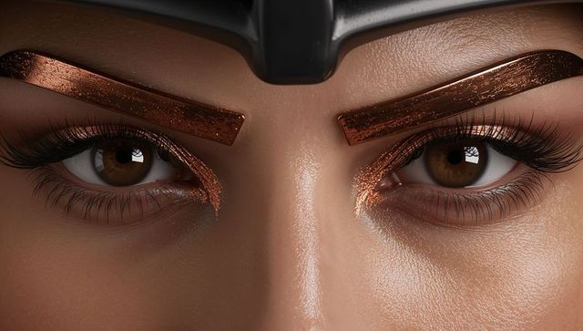 Brown eyes holding steady gaze with copper metallic makeup and futuristic headpiece
