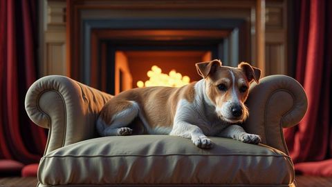 Cozy terrier relaxing on luxurious chaise lounge by a warm fireplace