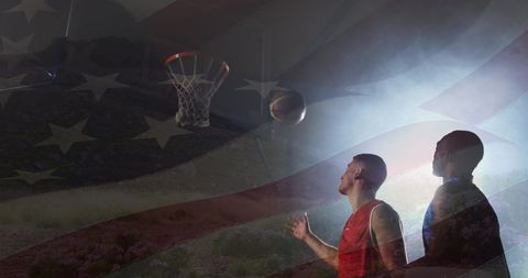 Basketball Players Competing With American Flag Overlay