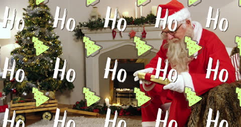 Cheerful Santa with Falling Ho Ho Text and Christmas Tree