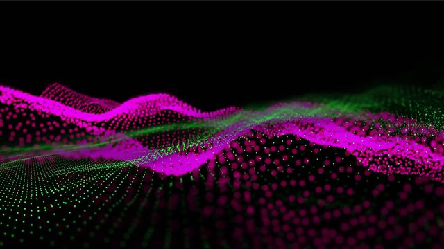 Abstract animation features dynamic flowing pink and green dots against a black background. Perfect for technology, science, and digital media projects. Ideal for illustrating data movement, futuristic concepts, and digital interfaces.