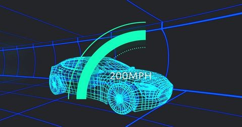 Futuristic Wireframe Sports Car in Neon Tunnel with Speed Gauge