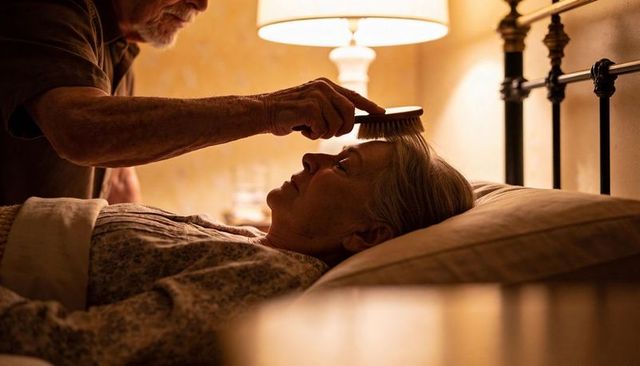 Senior man brushing partner's hair at bedside, tender caregiving under warm lamp light