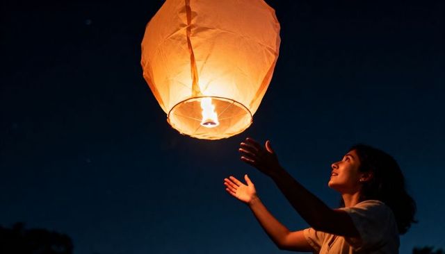 Releasing woman lifting glowing paper lantern into starry night sky for wishful reflection