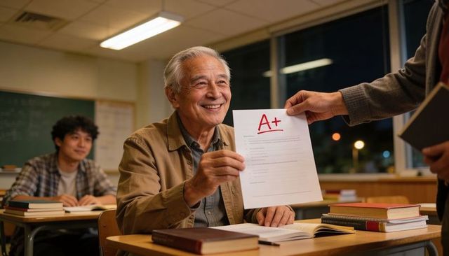 Senior asian student receiving a+ grade in night school classroom with smiling mentor