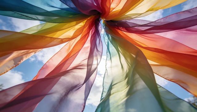 Billowing rainbow fabric canopy knotted over park sky creating translucent multicolor flow