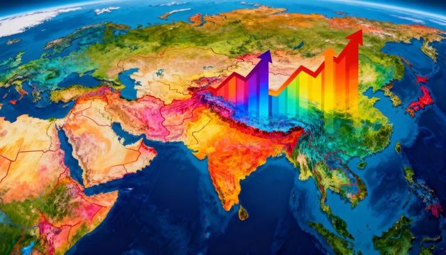 Central asia growth concept with ascending translucent rainbow arrows over stylized satellite globe