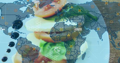 Augmented reality food map overlay visualizing global food-tech data on burger concept