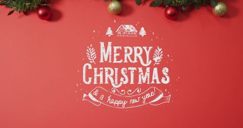 Merry Christmas Text with Festive Baubles on Red Background
