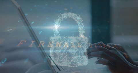 Cybersecurity concept with digital padlock and hands using laptop