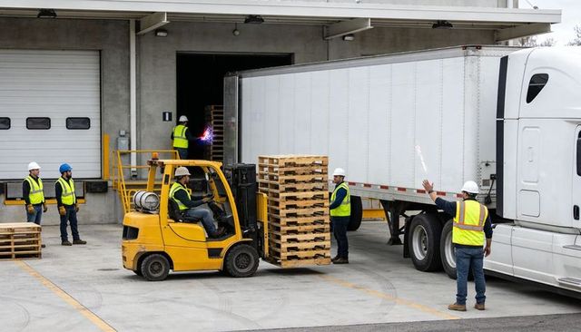 Yellow forklift loading wooden pallets into truck trailer at loading dock with crew in hi-vis