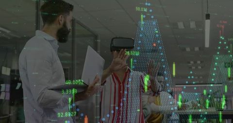 Business team collaborating with vr headset while visualizing financial data and analytics