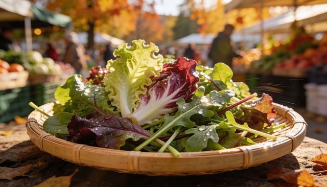 Sunlit fresh salad greens in bamboo basket at autumn farmers market, dewy leaves