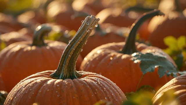 Dew-Covered Pumpkin in Sunlit Patch Showcasing Harvest Beauty