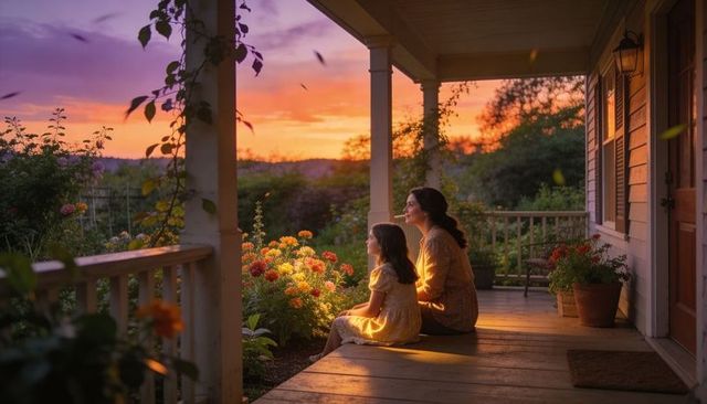 Mother and daughter watching sunset on flower-filled porch during golden hour, warm family moment