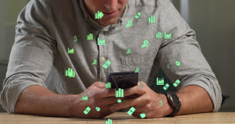 Man Engaging with Financial Mobile Application Displaying Icons