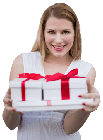 Caucasian Woman Holding Gift Boxes on Transparent Background