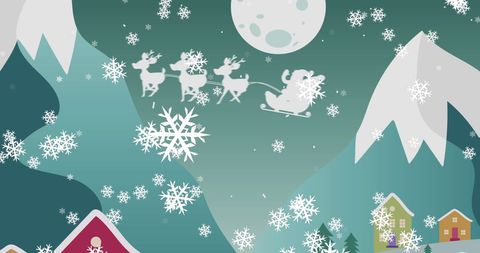 Santa Claus in Sleigh Flying Over Snowy Winter Landscape