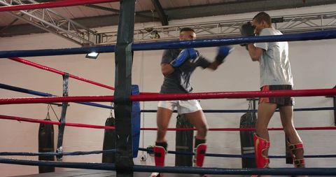 Boxers sparring inside red and blue ring wearing gloves and shin guards training intense