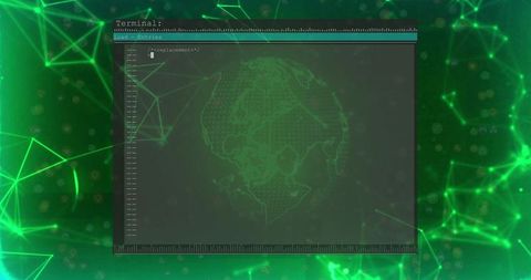 Holographic terminal window hovering over neon network grid with dotted globe overlay