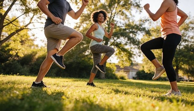 Group exercising outdoors raising knees in park sunrise fitness class for young adults