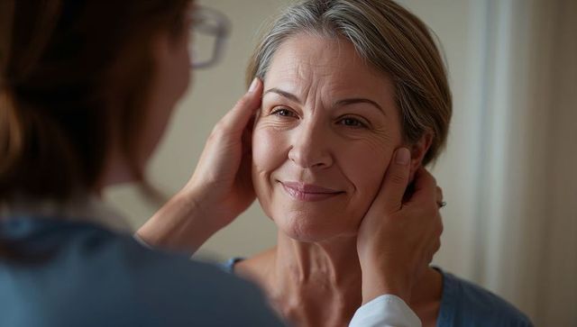 Mature woman smiling during healthcare checkup with doctor