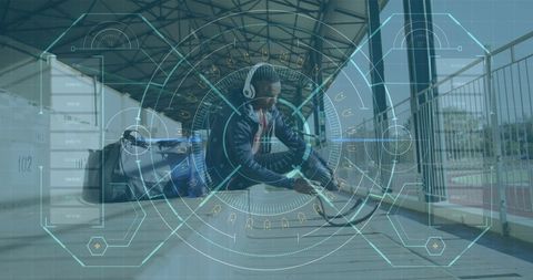 Disabled Male Athlete Analyzing Performance with Futuristic Tech Overlay