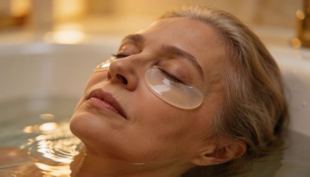 Middle-aged woman relaxing in bath with hydrogel eye patches, warm spa lighting