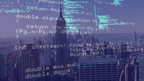 Abstract Data Processing Overlay on Urban Cityscape