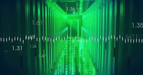 Streaming green data streams along server rack aisle with numeric overlays and waveform
