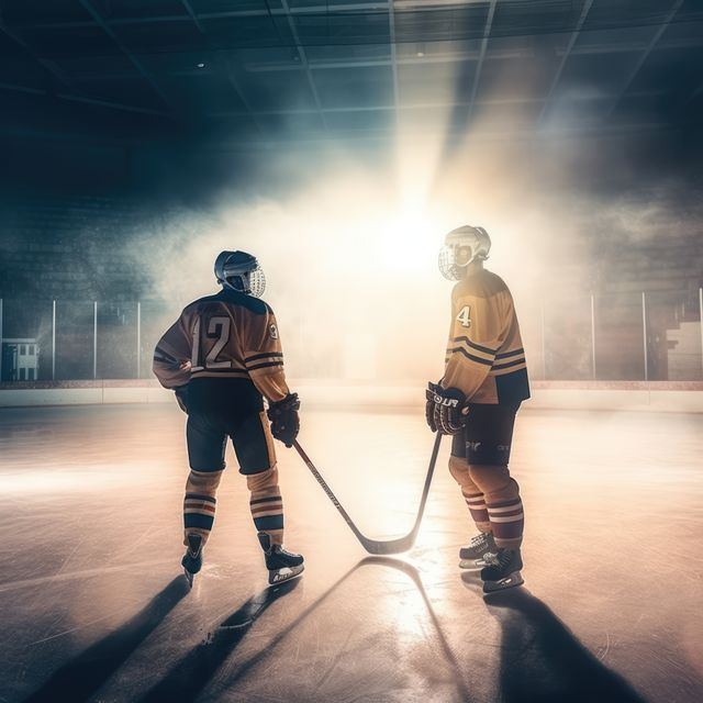 Two hockey players stand on ice, backlit by a bright light. Captured in an indoor ice rink, the image exudes a tense pre-game atmosphere.