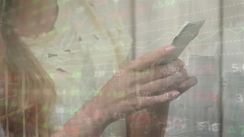 Woman Using Smartphone with Financial Data Overlay Concept