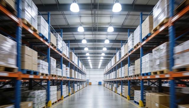 Central aisle leading through high-bay warehouse with pallet racks, boxes and perspective