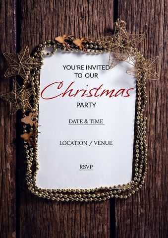 Rustic christmas party invitation with gold decorations
