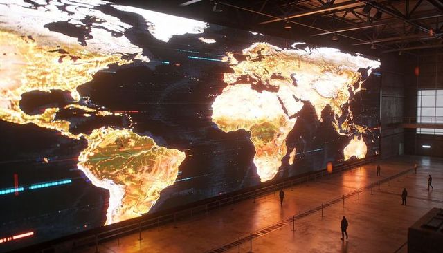 Giant LED World Map Display Illuminating Industrial Hangar with Silhouetted Visitors