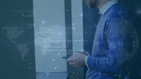 Businessman Analyzing Data on Smartphone with Global Financial Visuals