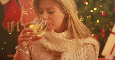 Festive Holiday Cheers with Woman Enjoying Wine - Download Free Stock Images Pikwizard.com