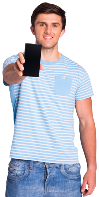 Smiling young man showing smartphone, transparent background, blue stripes shirt - Download Free Stock Videos Pikwizard.com