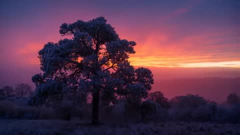 Conifer Catching Sunrise Rim-Light Over Frosty Hillside at Dawn