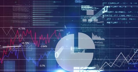 Financial analytics dashboard showing charts, pie visualization and market trend signals