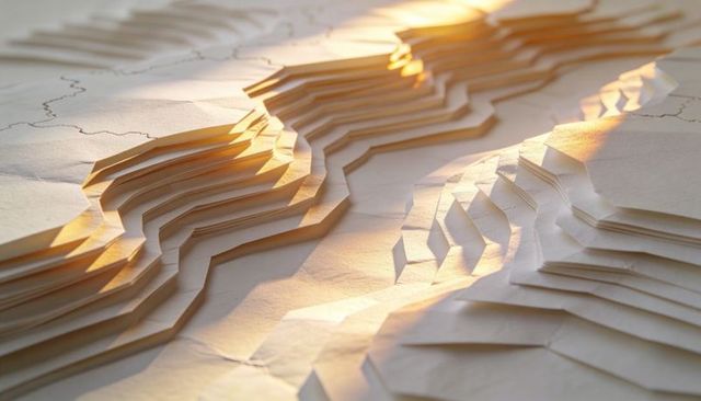 Layered Paper Topography Model with Cut Contours and Warm Sunlit Terraced Texture
