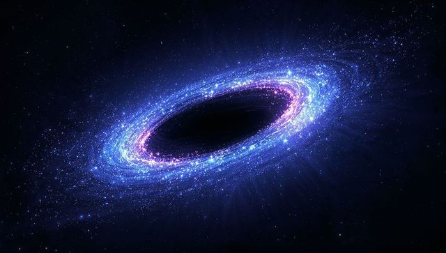 Black hole with glowing accretion disk and spiraling cosmic matter