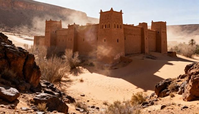 Standing mudbrick kasbah casting shadows across windblown desert dunes in golden light